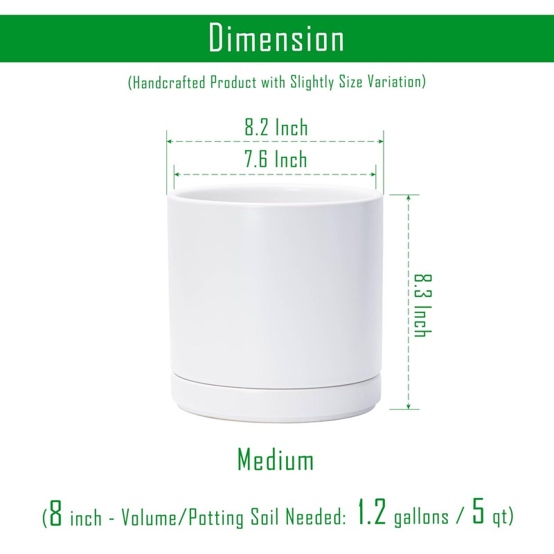D'vine Dev 8.2 Inch Ceramic Planter Pot with Drainage Hole and Saucer, Indoor Cylinder Round Planter Pot, White, 94-O-D-1 - Image 3